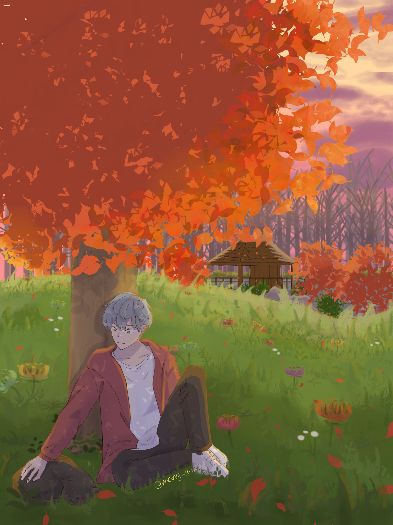 Till (from Alien Stage) sitting down under a red-leaf tree petting a black cat